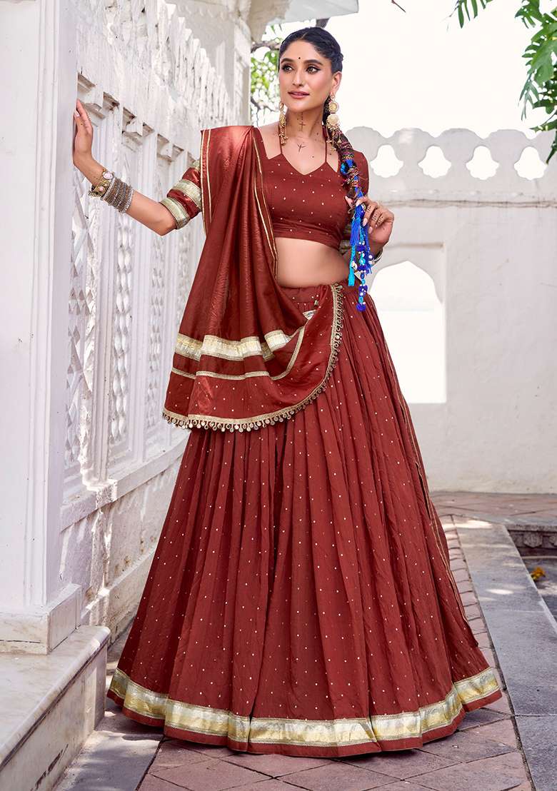 Rust Orange Weaving Work Chanderi Lehenga Choli - Indya