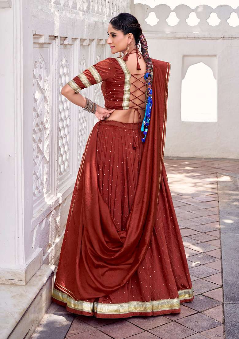 Rust Orange Weaving Work Chanderi Lehenga Choli - Indya