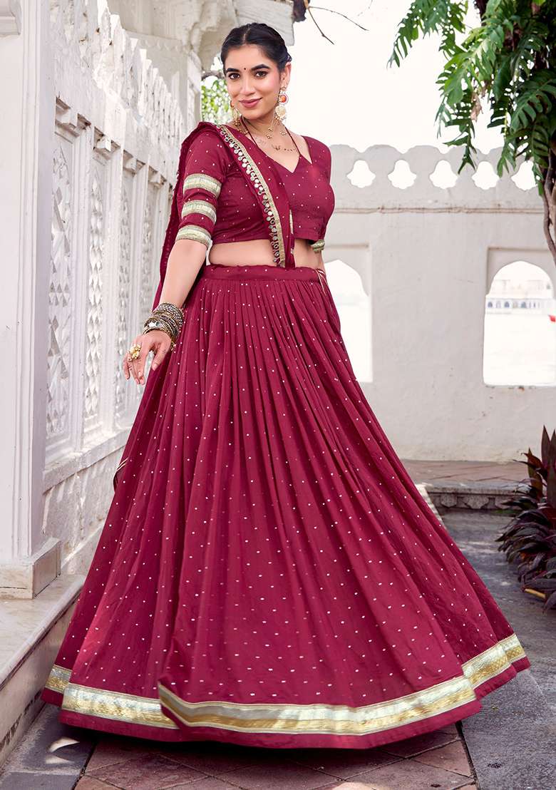 Maroon Weaving Work Chanderi Lehenga Choli - Indya