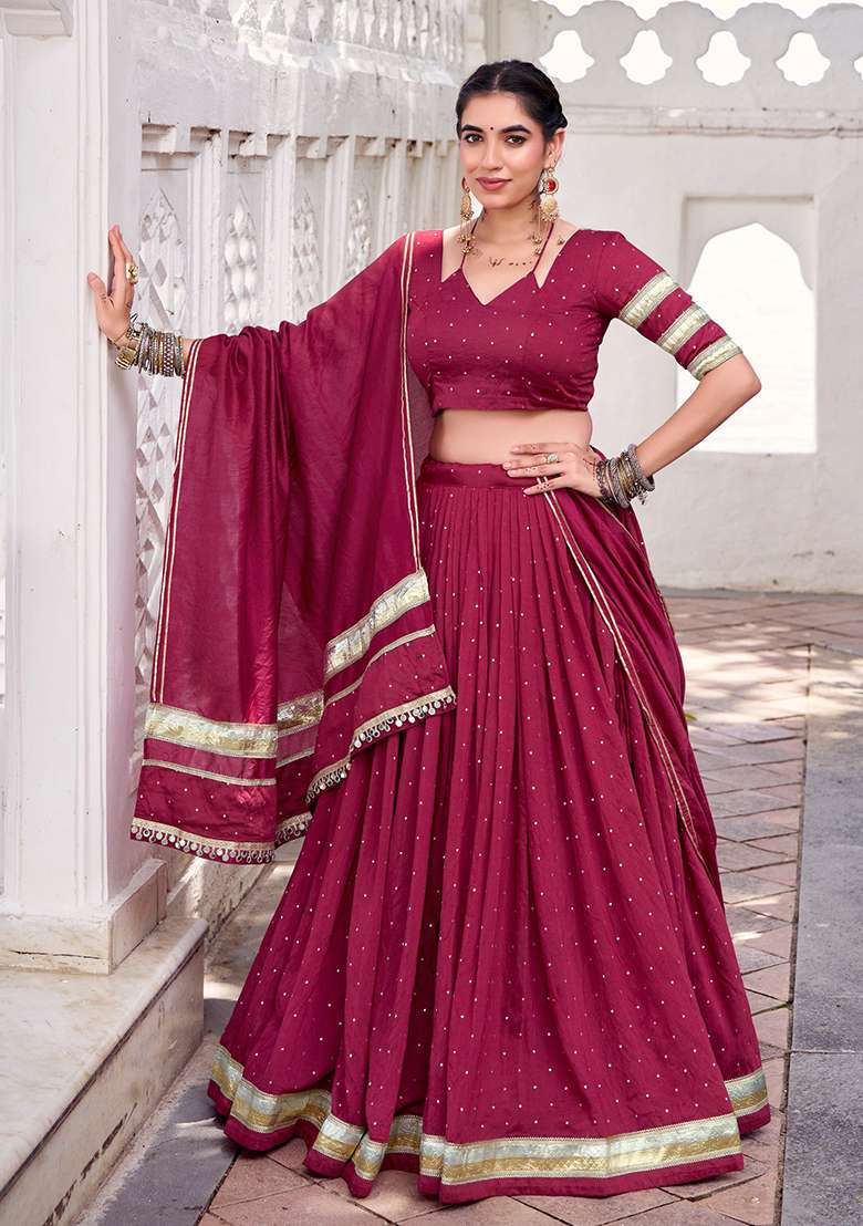 Maroon Weaving Work Chanderi Lehenga Choli - Indya