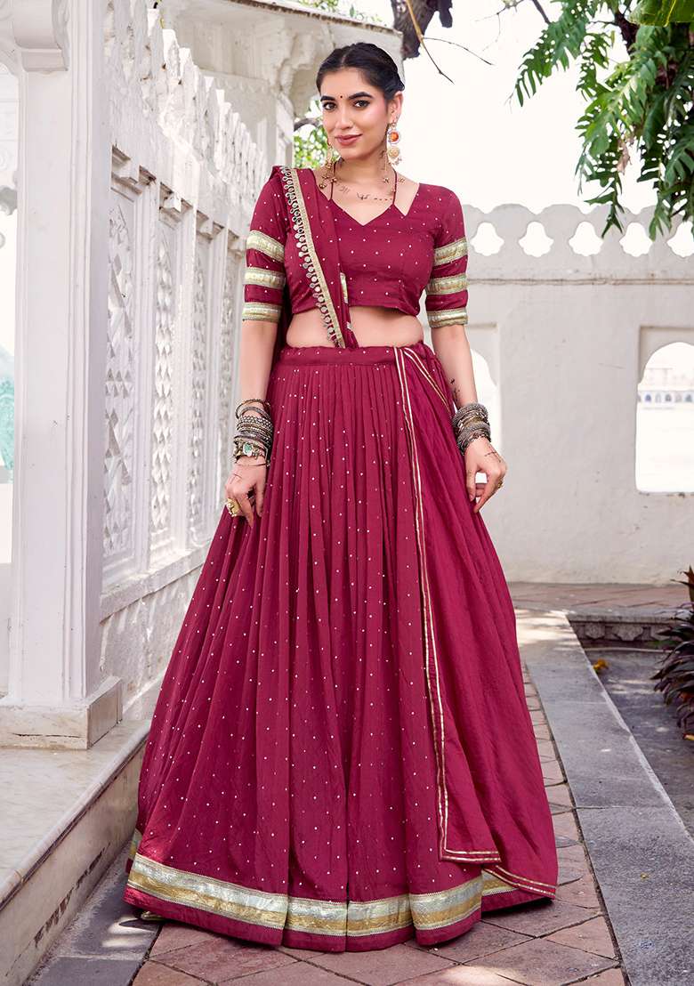 Maroon Weaving Work Chanderi Lehenga Choli - Indya