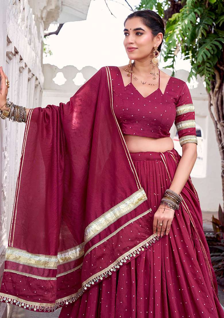 Maroon Weaving Work Chanderi Lehenga Choli - Indya