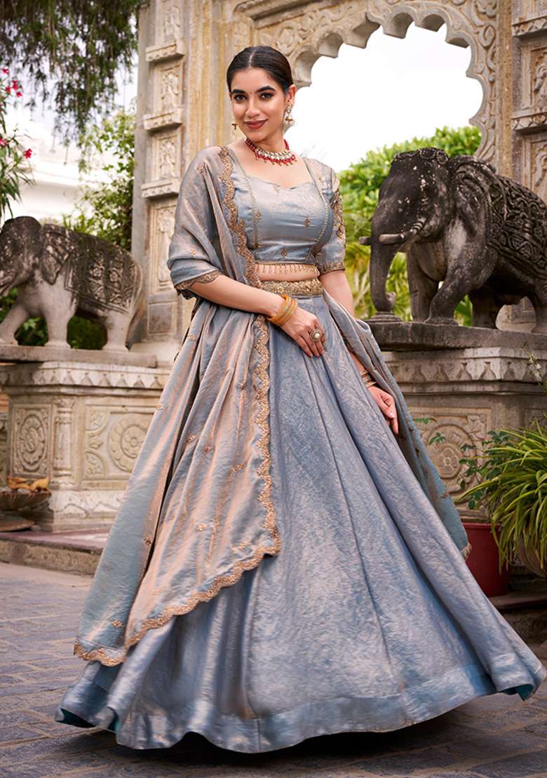 Sky Blue Embroidery Fendi Lehenga Choli - Indya