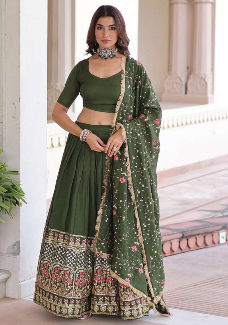 Green Embroidery Silk Lehenga Choli - Indya
