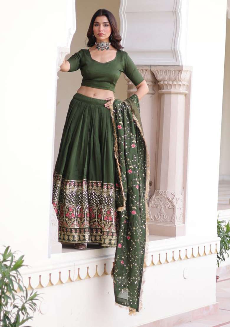 Green Embroidery Silk Lehenga Choli - Indya