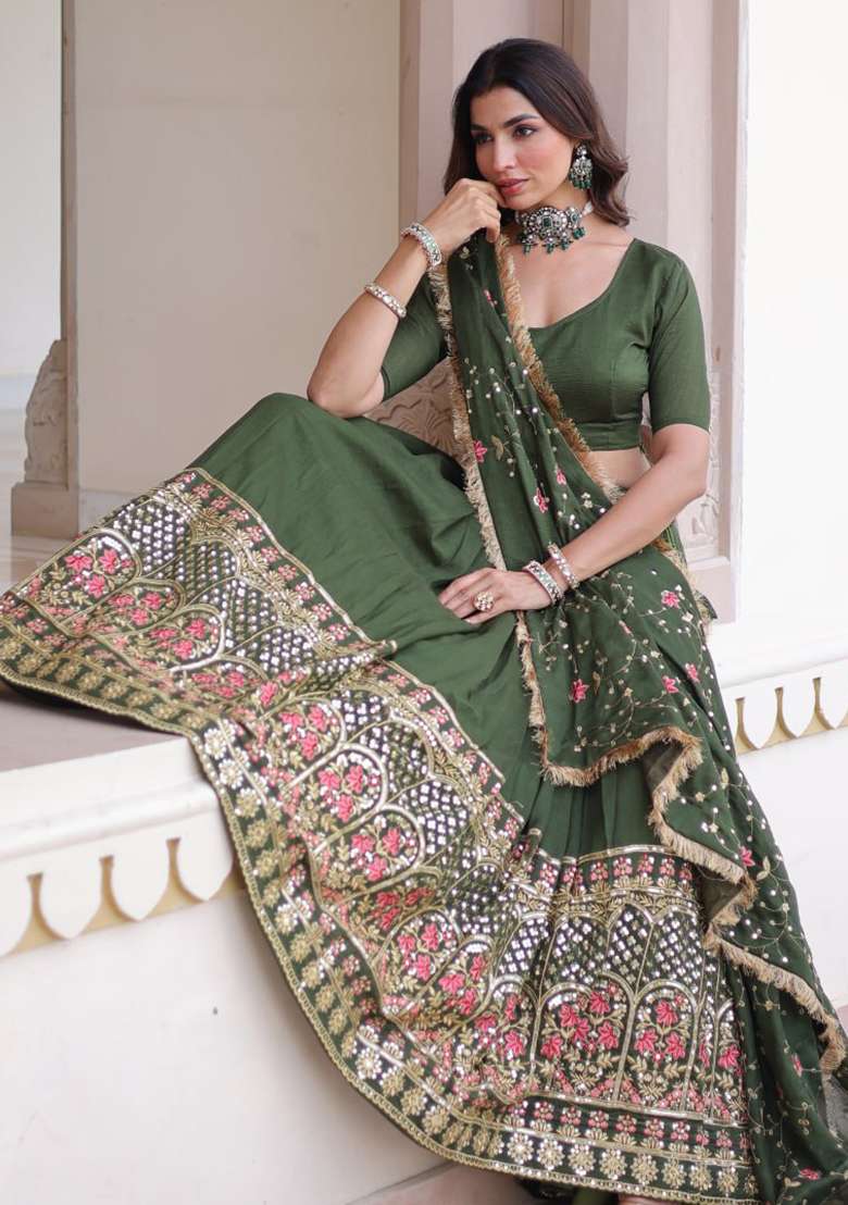 Green Embroidery Silk Lehenga Choli - Indya