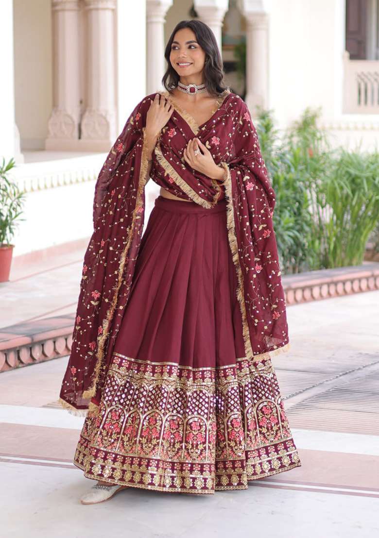 Wine Embroidery Silk Lehenga Choli - Indya