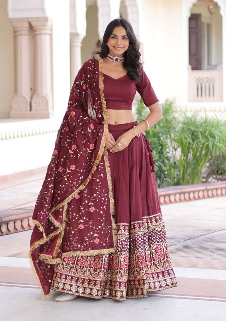 Wine Embroidery Silk Lehenga Choli - Indya