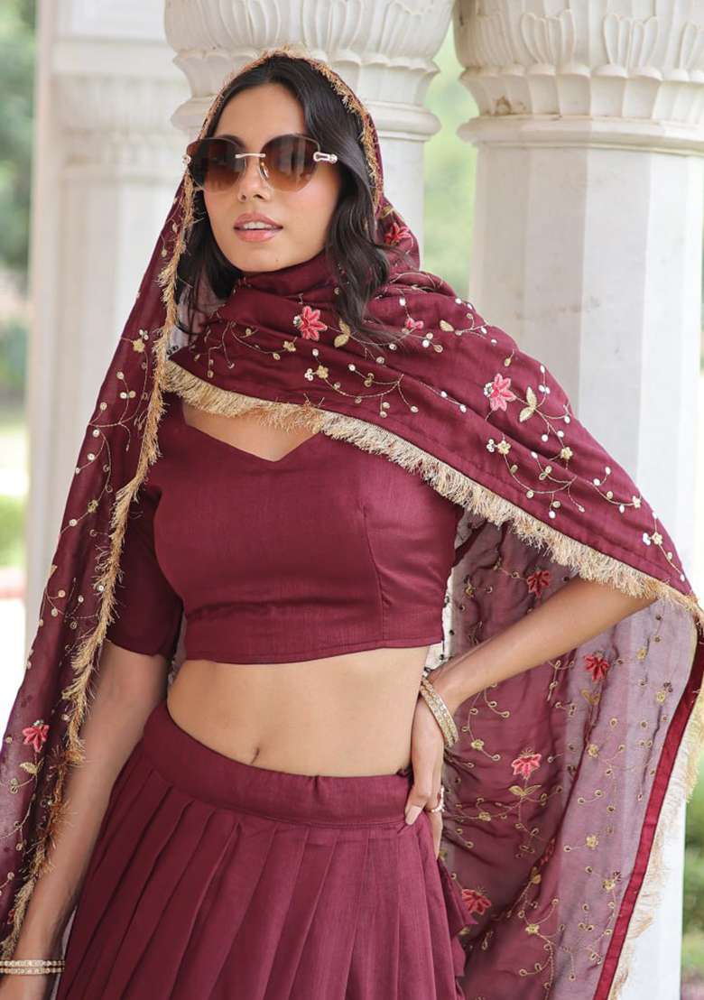 Wine Embroidery Silk Lehenga Choli - Indya