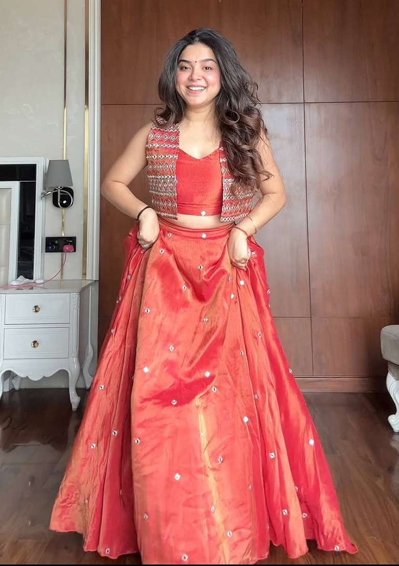 Rust Orange Sequence Silk Lehenga Choli - Indya