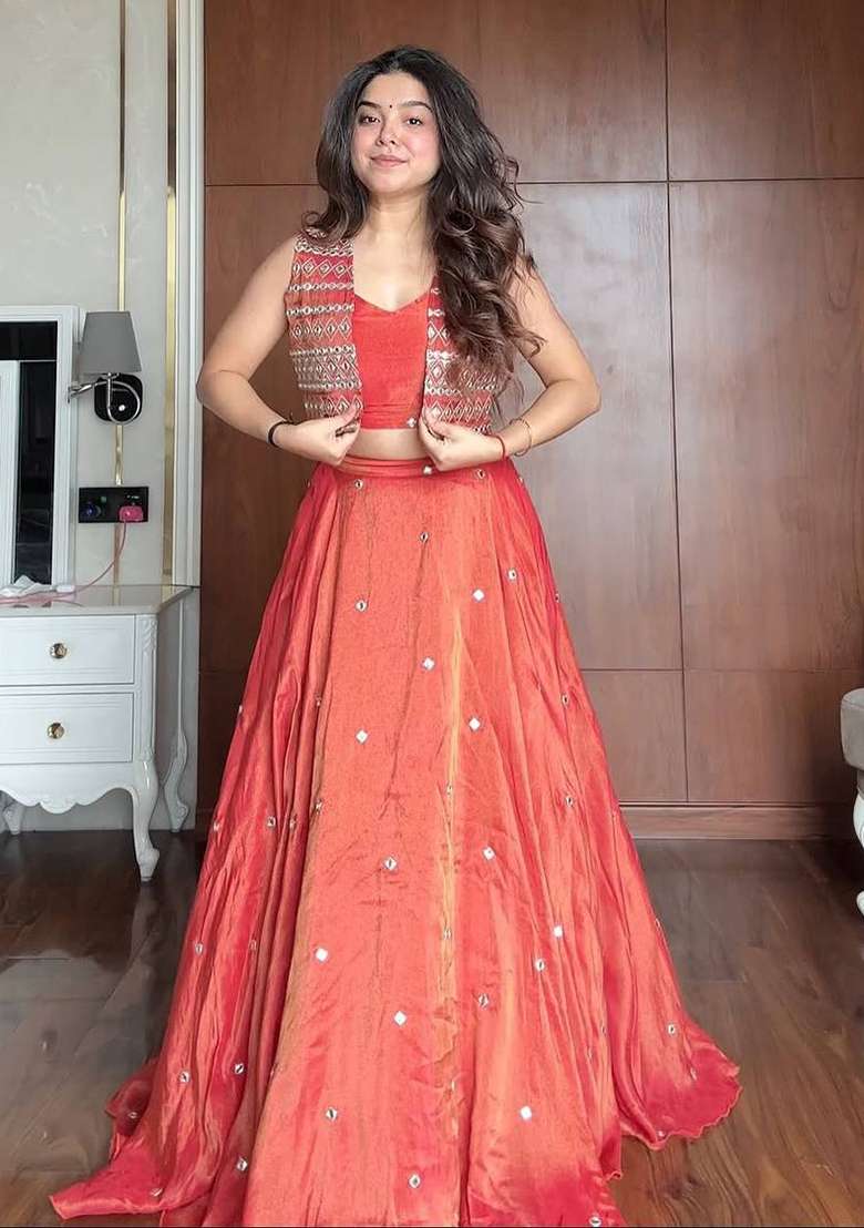 Rust Orange Sequence Silk Lehenga Choli - Indya