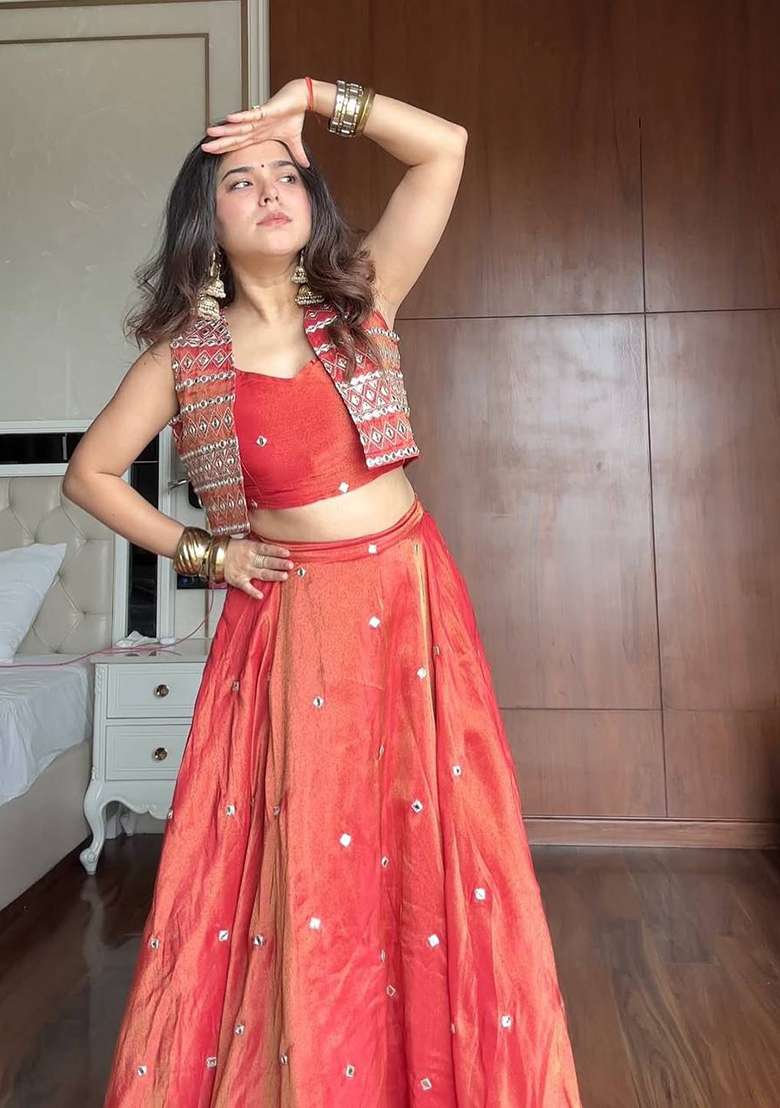 Rust Orange Sequence Silk Lehenga Choli - Indya