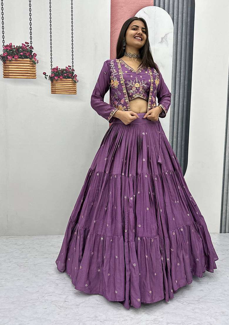 Onion Pink Embroidery Silk Blend Lehenga Choli - Indya