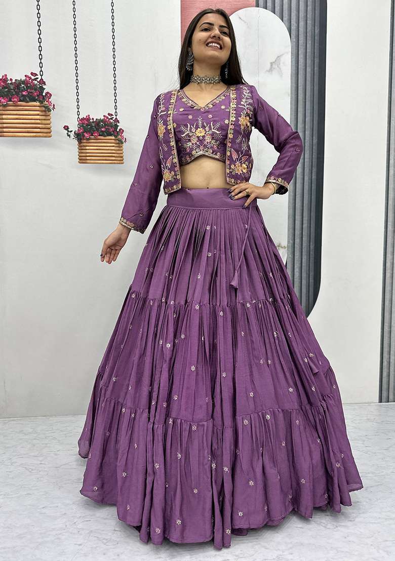 Onion Pink Embroidery Silk Blend Lehenga Choli - Indya