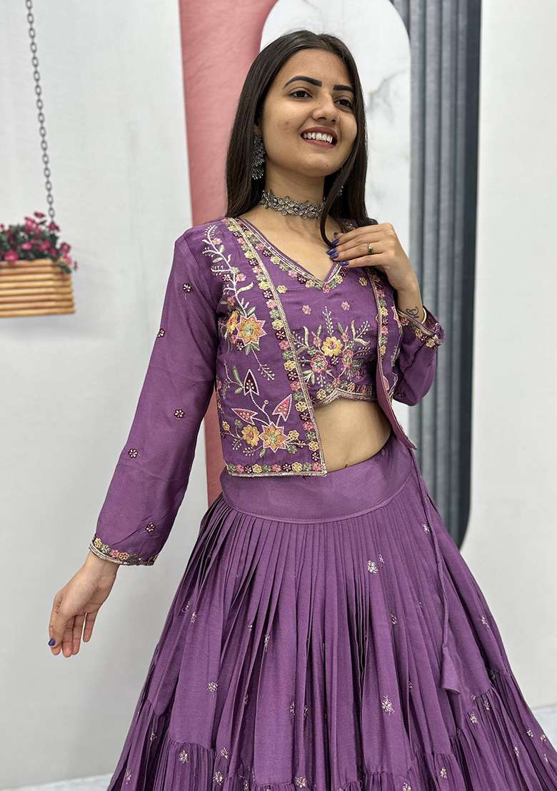 Onion Pink Embroidery Silk Blend Lehenga Choli - Indya
