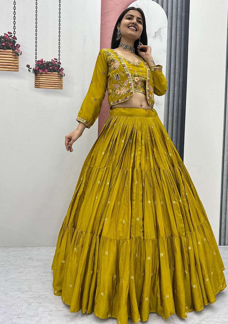 Mustard Embroidery Silk Blend Lehenga Choli - Indya