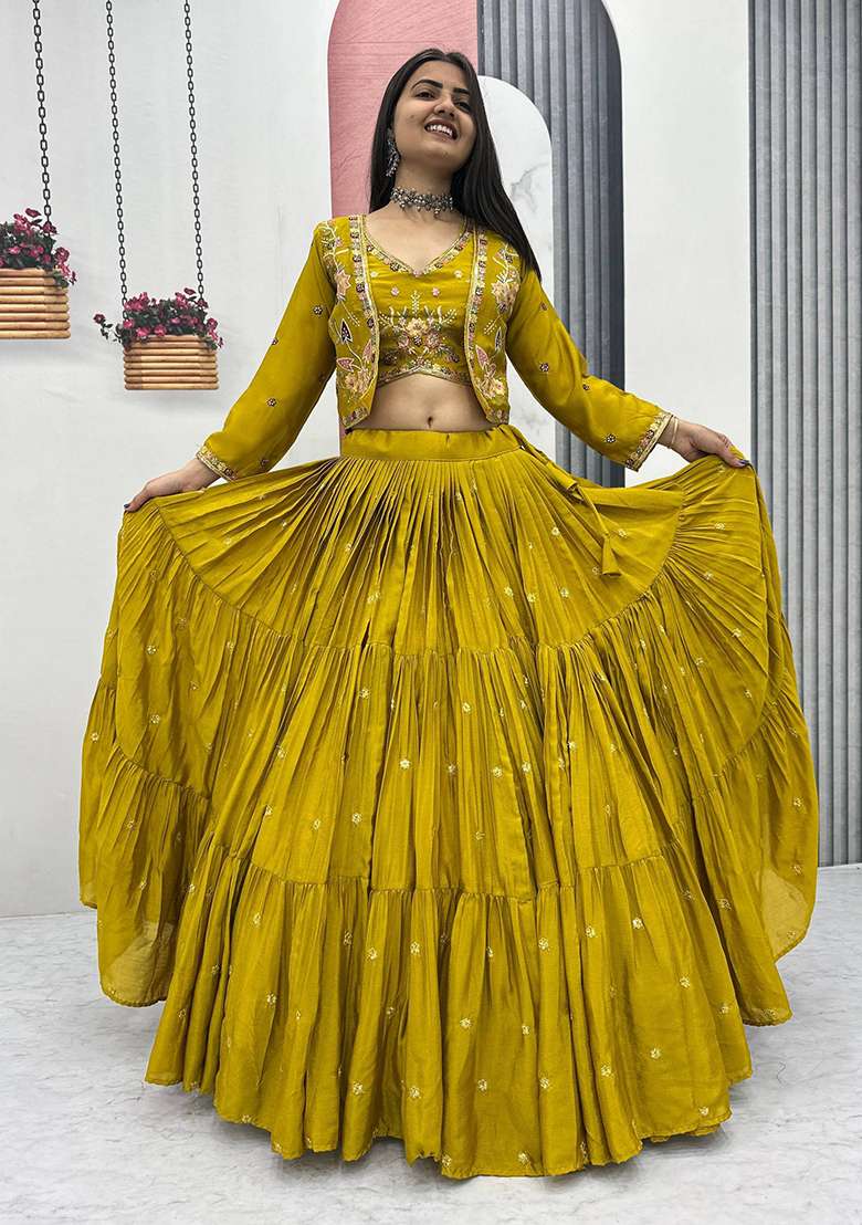 Mustard Embroidery Silk Blend Lehenga Choli - Indya
