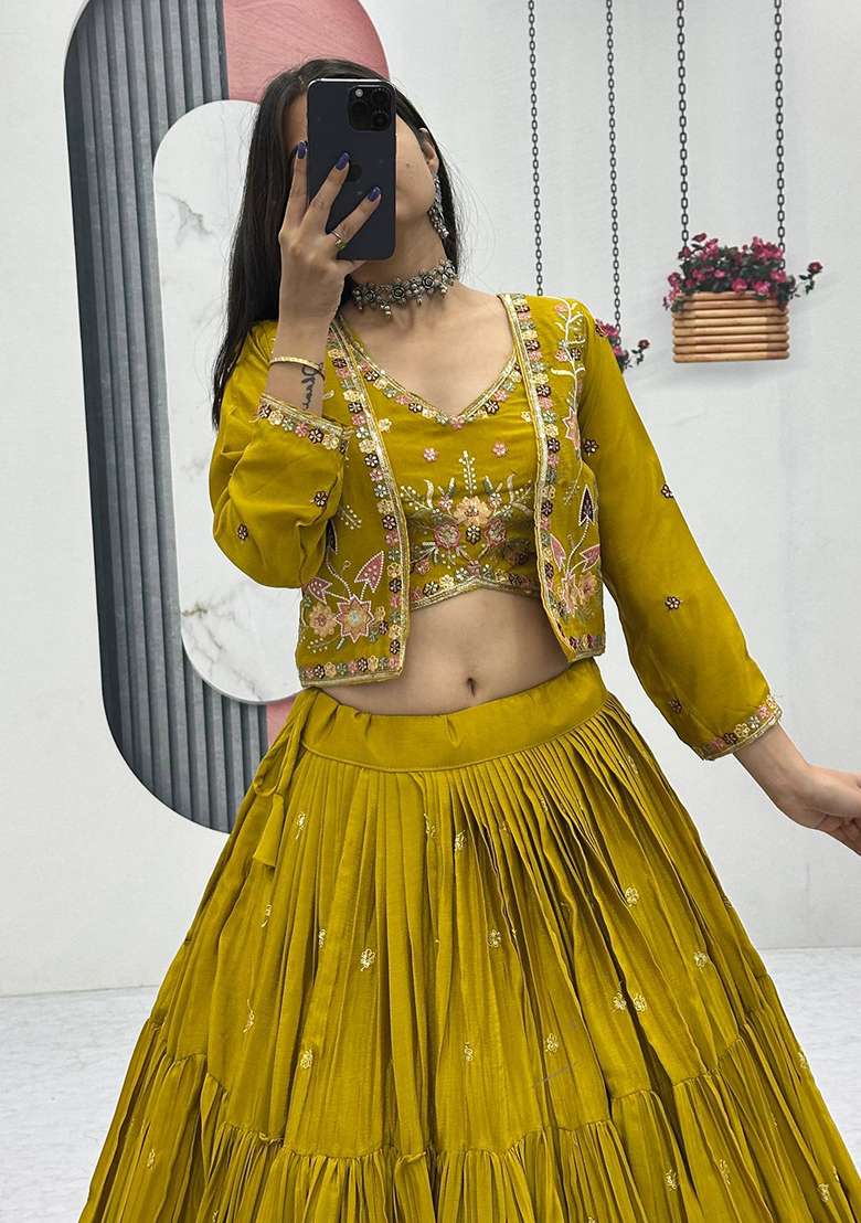Mustard Embroidery Silk Blend Lehenga Choli - Indya