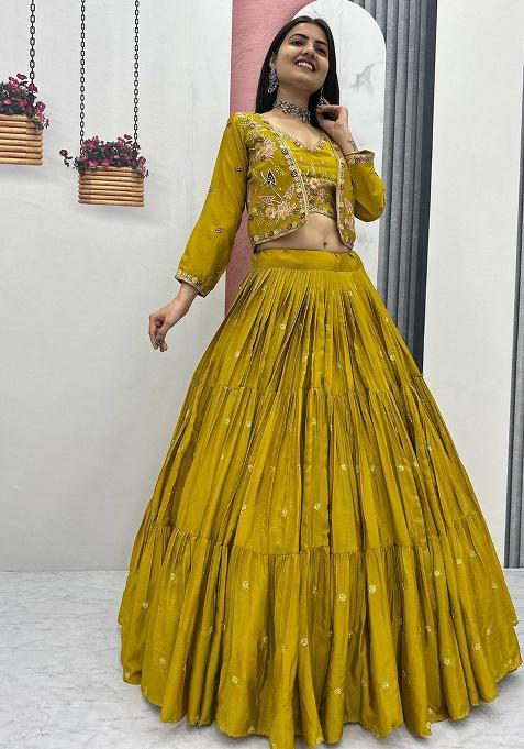 Mustard Embroidery Silk Lehenga Choli