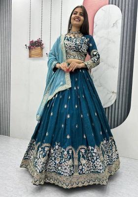 Teal Blue Embroidery Silk Lehenga Choli