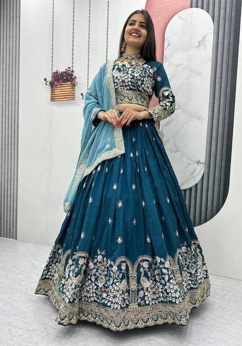 Teal Blue Embroidery Silk Lehenga Choli