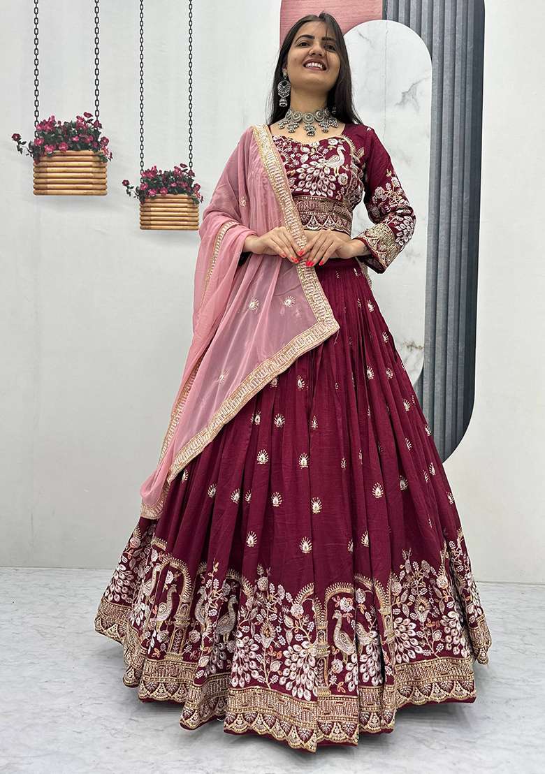 Maroon Embroidery Silk Blend Lehenga Choli - Indya