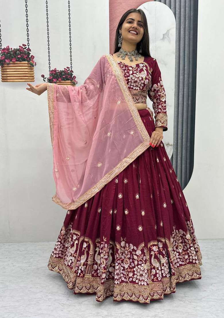 Maroon Embroidery Silk Blend Lehenga Choli - Indya