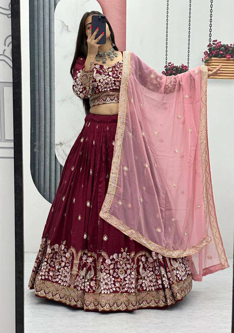 Maroon Embroidery Silk Blend Lehenga Choli - Indya