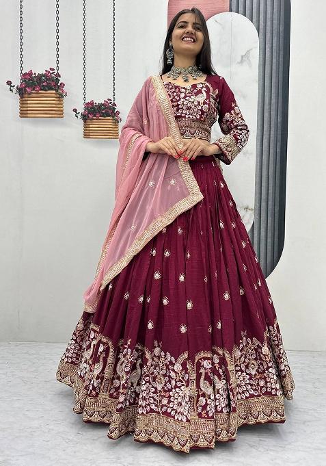 Maroon Embroidery Silk Lehenga Choli