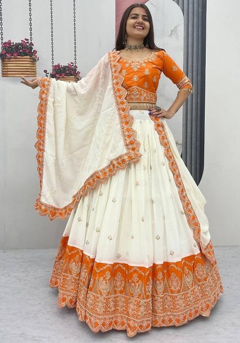 Orange And White Embroidery Silk Lehenga Choli