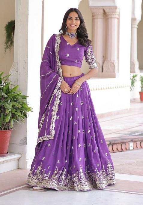 Purple Embroidery Silk Lehenga Choli
