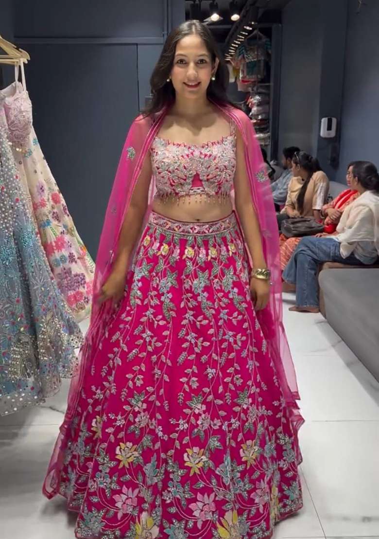 Multicolor Embroidery Georgette Lehenga Set for Diwali and Festive Wear - Indya