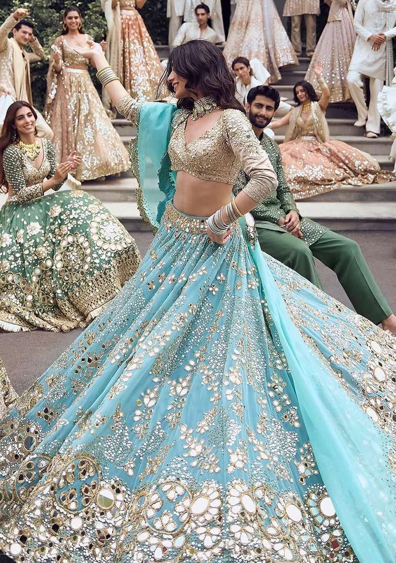 Multicolor Georgette Lehenga Set with Embroidery for Diwali | Wedding & Festive Wear - Indya