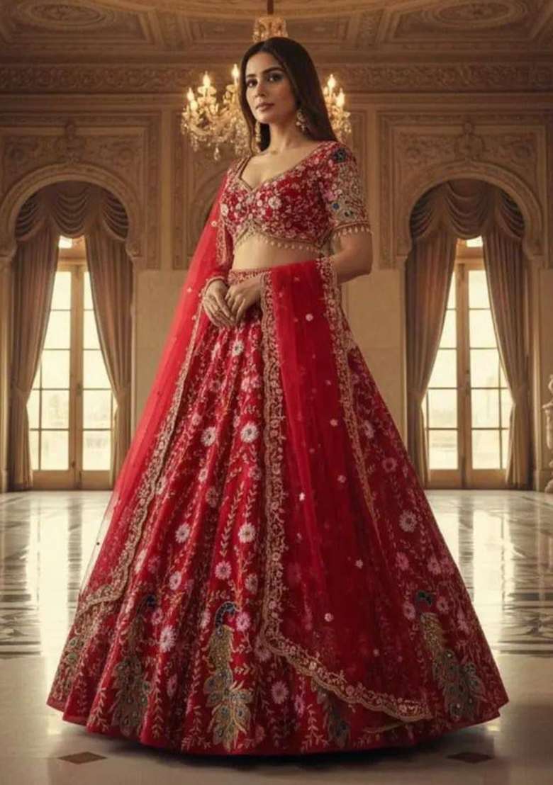 Multicolor Net Lehenga Set with Embroidery for Diwali | Wedding & Festive Wear - Indya