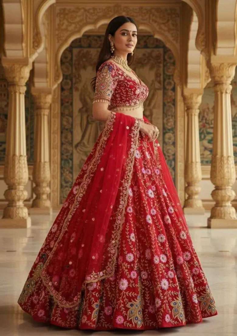 Multicolor Net Lehenga Set with Embroidery for Diwali | Wedding & Festive Wear - Indya