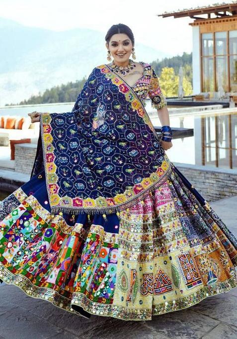 Multicolor Printed Silk Lehenga Set