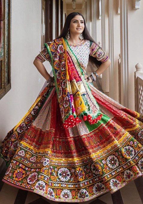 Multicolor Printed Silk Lehenga Set