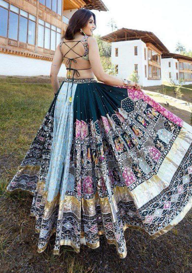 Multicolor Printed Silk Blend Chaniya Choli Set For Navratri And Garba for Diwali and Festive Wear - Indya