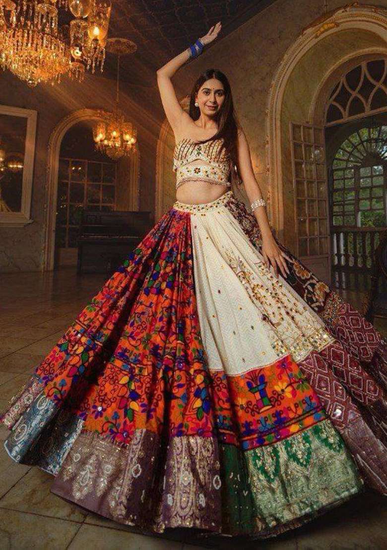 Multicolor Printed Silk Blend Chaniya Choli Set For Navratri And Garba for Diwali | Wedding & Festive Wear - Indya