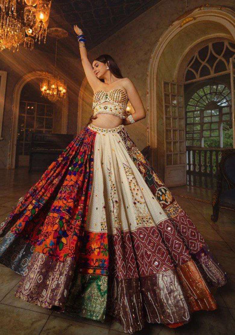 Multicolor Printed Silk Blend Chaniya Choli Set For Navratri And Garba for Diwali | Wedding & Festive Wear - Indya