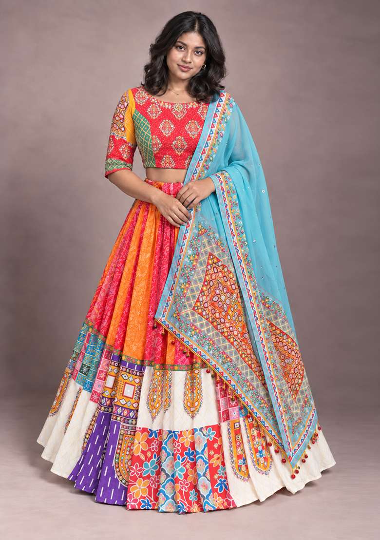 Multicolor Printed Silk Blend Chaniya Choli Set For Navratri And Garba for Diwali | Wedding & Festive Wear - Indya