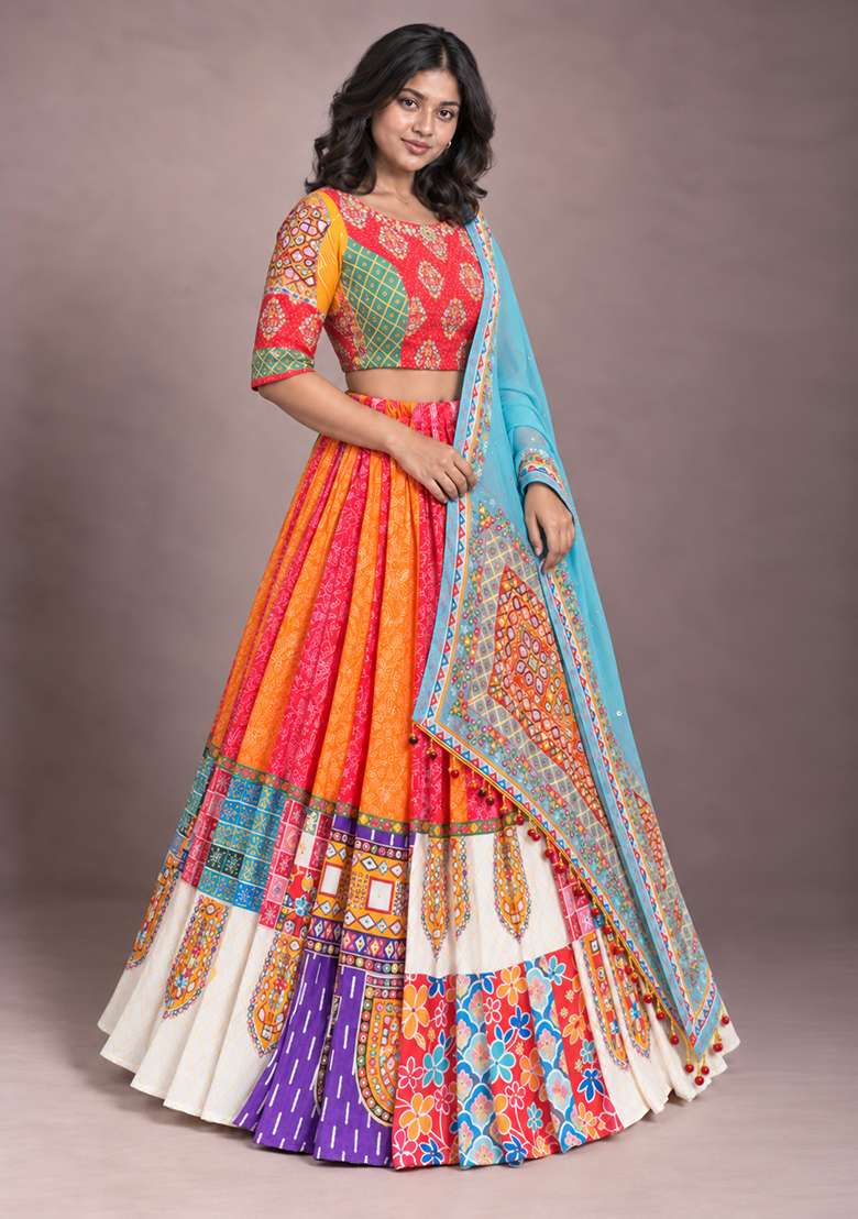 Multicolor Printed Silk Blend Chaniya Choli Set For Navratri And Garba for Diwali | Wedding & Festive Wear - Indya