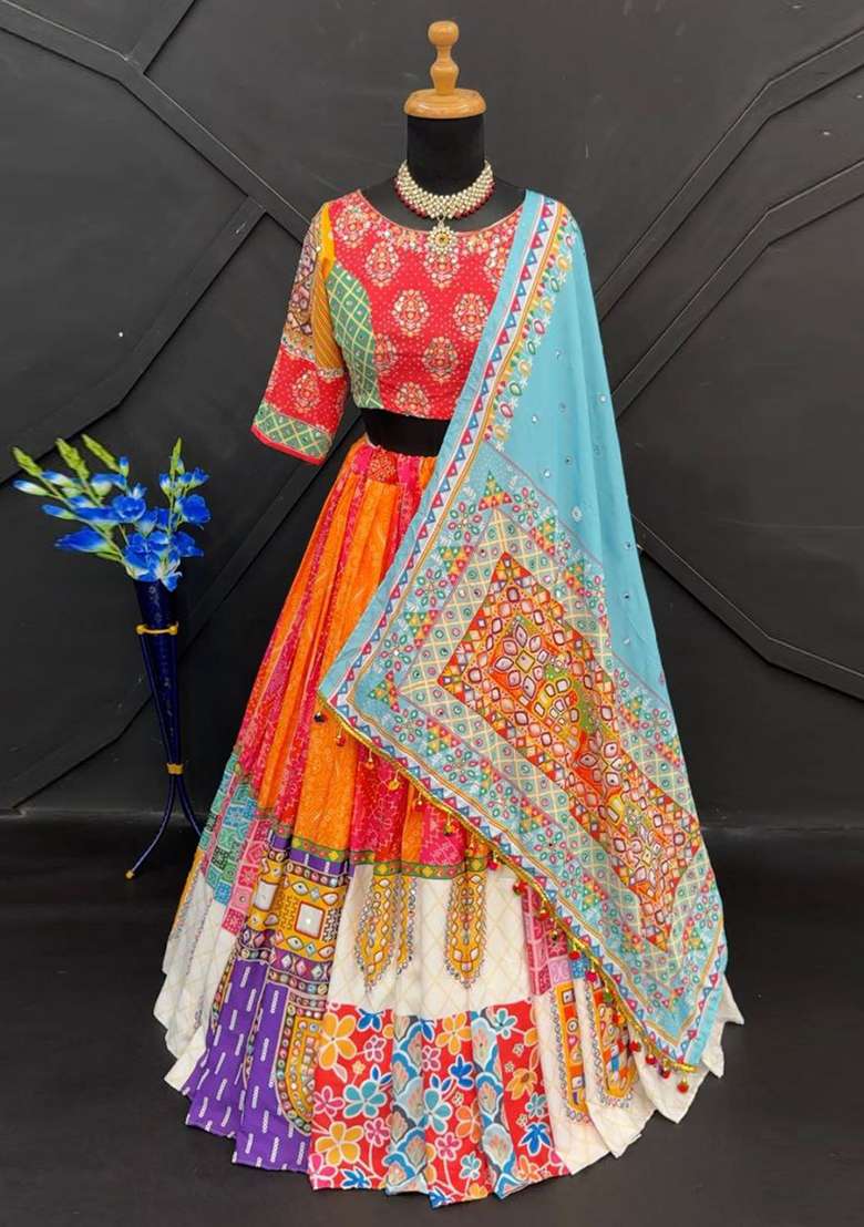 Multicolor Printed Silk Blend Chaniya Choli Set For Navratri And Garba for Diwali | Wedding & Festive Wear - Indya
