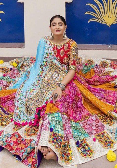Multicolor Printed Silk Lehenga Set