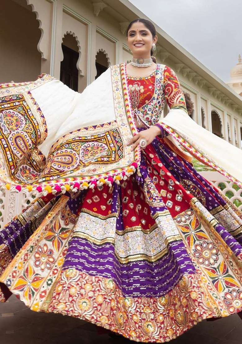 Multicolor Printed Silk Blend Chaniya Choli Set For Navratri And Garba for Diwali and Festive Wear - Indya