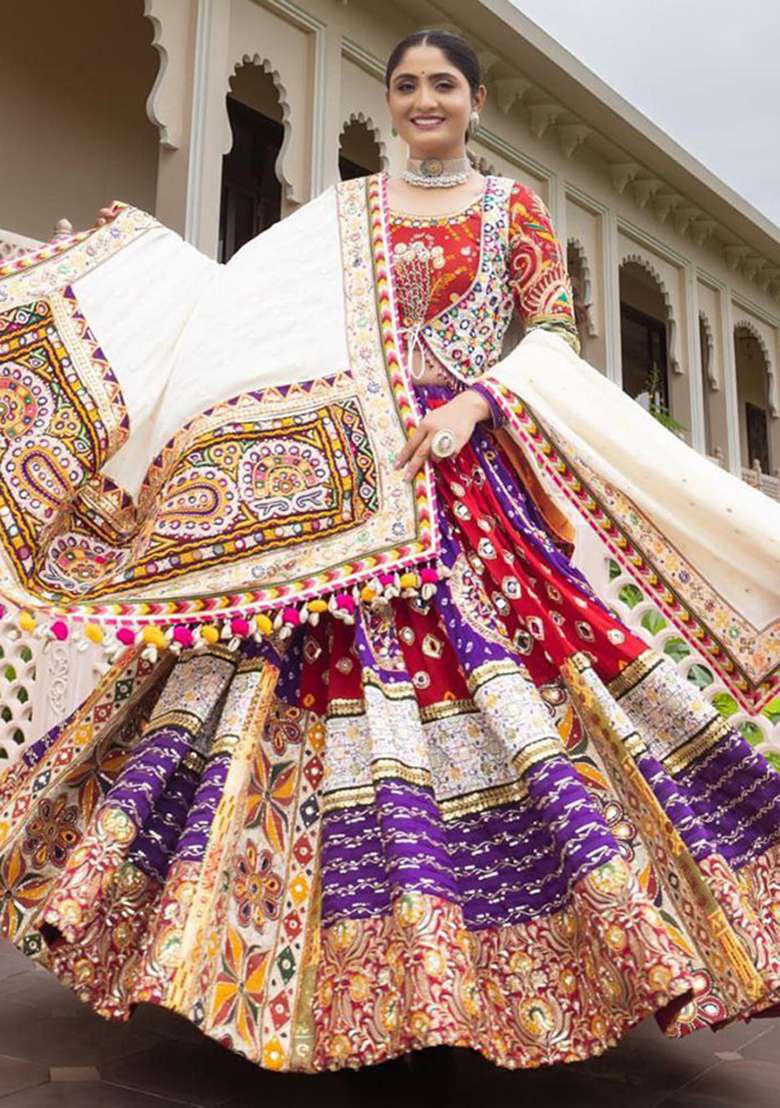 Multicolor Printed Silk Blend Chaniya Choli Set For Navratri And Garba for Diwali and Festive Wear - Indya