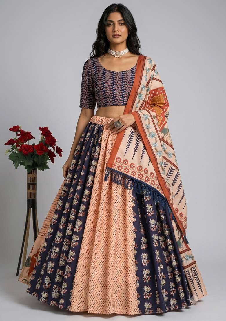 Multicolor Printed Silk Blend Chaniya Choli Set For Navratri And Garba for Diwali | Wedding & Festive Wear - Indya
