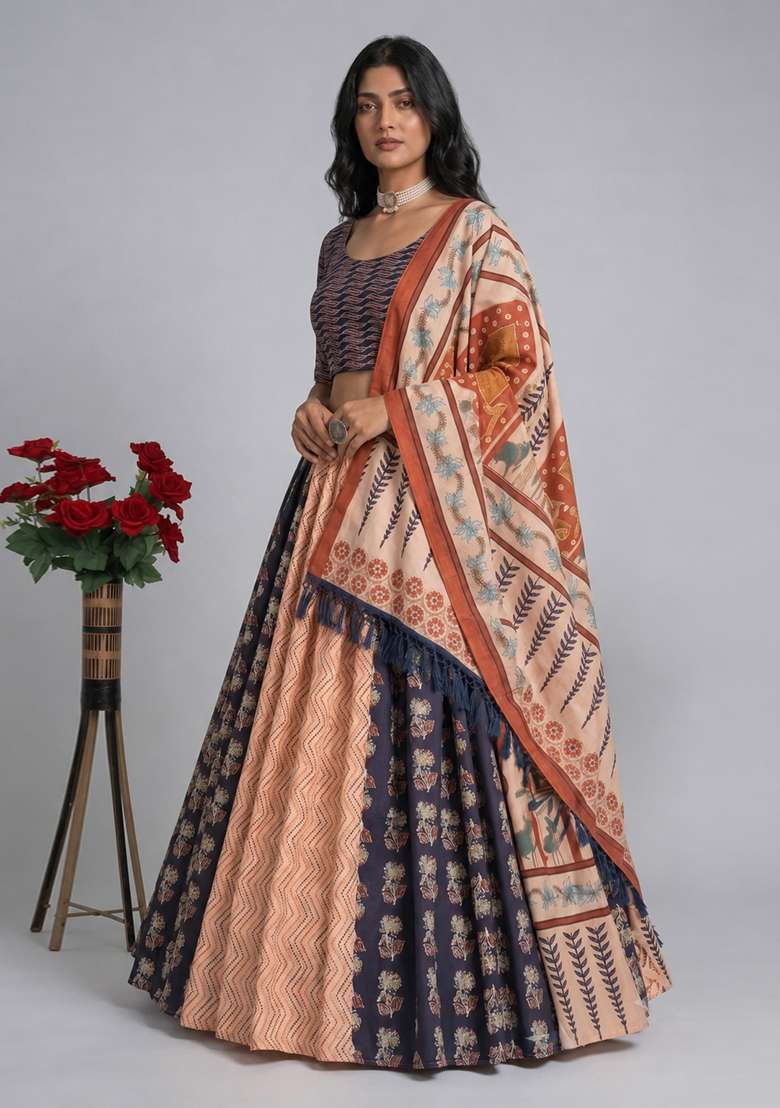 Multicolor Printed Silk Blend Chaniya Choli Set For Navratri And Garba for Diwali | Wedding & Festive Wear - Indya