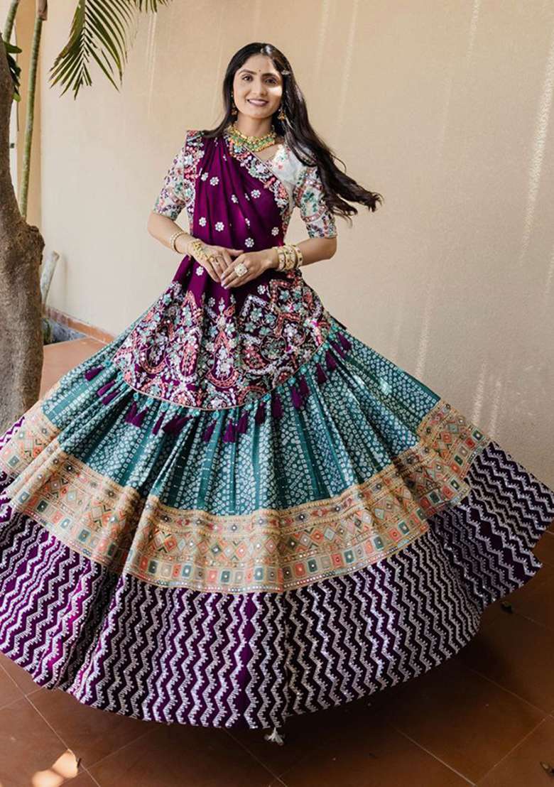 Multicolor Printed Silk Blend Chaniya Choli Set For Navratri And Garba - Indya