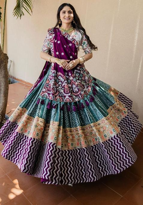 Multicolor Printed Silk Lehenga Set